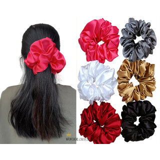                       6 Big Hair Scrunchies Satin Elastics Large Hair Scrunchy Bands Women Soft Hair Ties, 6 Colors Rubber Band (Multicolor)                                              