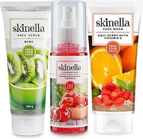 SKINELLA Face Scrub Kiwi + Goji Berry With Vitamin C Facewash 100g + Cleanser Toner Pomegranate & Tomato Face Wash (300 ml)