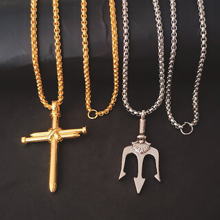 Buy M Men Style Religious Cross With Mahadev Trishul Locket Gold