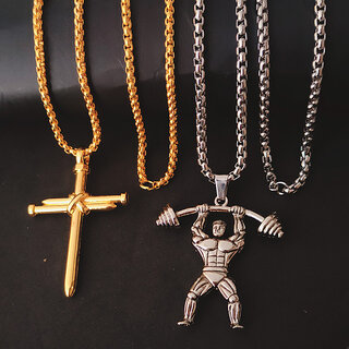                      M Men Style Sports dumbbell Locket With Religious Christ Cross Gold And Silver Steel Pendant                                              