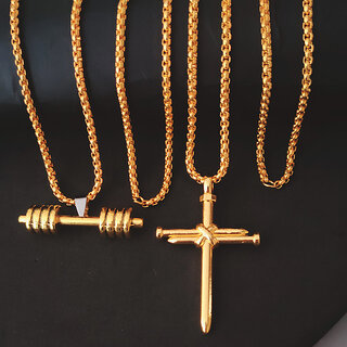                       M Men Style Religious Christ Cross With  Sports dumbbell Locket  Gold  Stainless Steel Pendant                                              