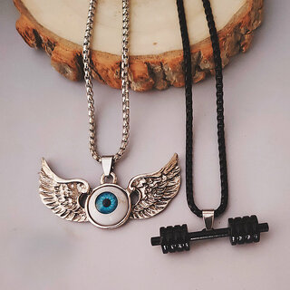                       M Men Style Blue Evil Eye Angel Wings With Sports dumbbell Locket  Black And Silver Steel Pendant                                              