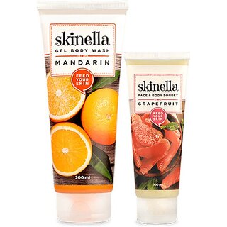                      SKINELLA Gel Body Wash - Mandarin, Face & Body Sorbet - Grapefruit Face Wash (300 ml)                                              