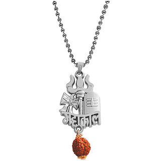                       M Men Style Religious Lord Shiv Trishul Damaru Rudraksh Mahakal Ball Chain Silver Brass Pendant                                              