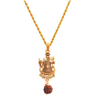                       M Men Style Religious Lord Shiv Trishul Damaru Rudraksh Mahakal Rope Chain Gold Brass Pendant                                              