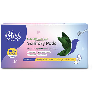 BLISSNATURAL Organic Sanitary Pads For Women  Trail Pack  Size - L,XL,XXL Ultra Soft Cotton Pads  Pack Of 12 Sanitary