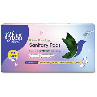 BLISSNATURAL Organic Sanitary Pads For Women  Trail Pack  Size - L,XL,XXL Ultra Soft Cotton Pads  Pack Of 12 Sanitary