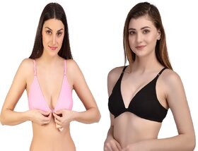 Zourt Poly Cotton B Cup Front Open Bra Set of 2 Light Pink-Black