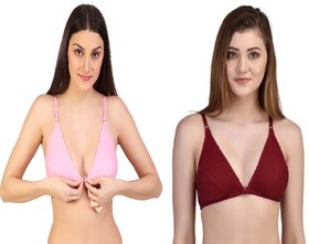 Zourt Poly Cotton B Cup Front Open Bra Set of 2 Light Pink-Maroon