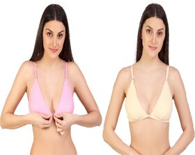 Zourt Poly Cotton B Cup Front Open Bra Set of 2 Light Pink-Skin