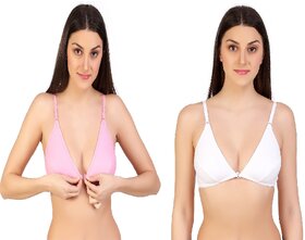 Zourt Poly Cotton B Cup Front Open Bra Set of 2 Light Pink-White