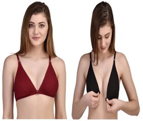 Zourt Poly Cotton B Cup Front Open Bra Set of 2 Maroon-Black