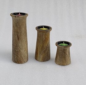 Onlinecraft Ch3710 Tea Light Holder Wooden 3 - Cup Tealight Holder Set (Brown, Pack Of 3)