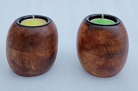 Onlinecraft Tea Light Holder Wooden 2 - Cup Tealight Holder Set (Brown, Pack Of 2)