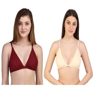                       Zourt Poly Cotton B Cup Front Open Bra Set of 2 Maroon-Skin                                              