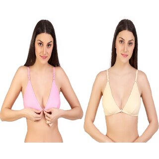 Zourt Poly Cotton B Cup Front Open Bra Set of 2 Light Pink-Skin