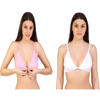 Zourt Poly Cotton B Cup Front Open Bra Set of 2 Light Pink-White