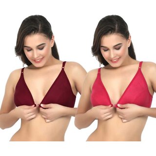                       Zourt Poly Cotton B Cup Front Open Bra Set of 2 Maroon-Rani                                              