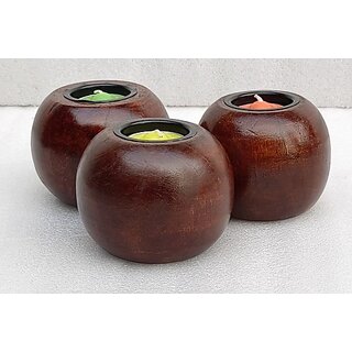 Onlinecraft Wooden Tealight Holder Set (Brown, Pack Of 3)