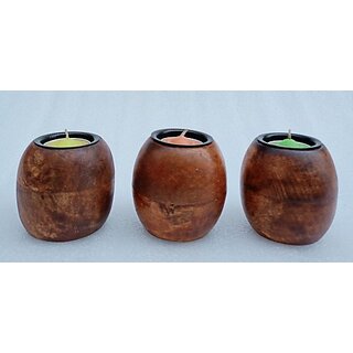 Onlinecraft Wooden Tealight Holder Wooden 3 - Cup Tealight Holder Set (Brown, Pack Of 4)