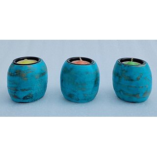                       Onlinecraft Wooden Tealight Holder Wooden 3 - Cup Tealight Holder Set (Blue, Pack Of 4)                                              