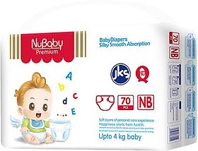Nubaby Premium  Baby Diapers, New Born (NB), 70 Count,upto 4kg With 5 in 1 Comfort,Diaper