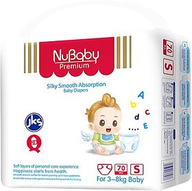 Nubaby Premium  Baby Diapers,Small (S), 74 Count, 3-8 kg With 5 in 1 Comfort,Diaper