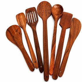 Set Of 7 Wooden Serving And Cooking Spoons Wood Brown Spoons Kitchen Utensil - C2918