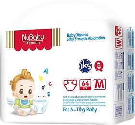 Nubaby Premium  Baby Diapers,Medium (M), 64 Count, 6-11 kg With 5 in 1 Comfort,Diaper