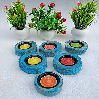                       Onlinecraft Wooden Tealight Holder Set (Blue, Pack Of 1)                                              