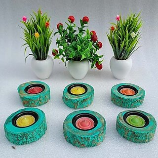                       Onlinecrafts Wooden Tealight Holder Set (Green, Pack Of 1)                                              