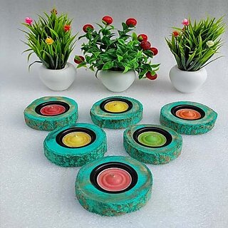                       Onlinecraft Wooden Tealight Holder Wooden 1 - Cup Tealight Holder (Green, Pack Of 1)                                              
