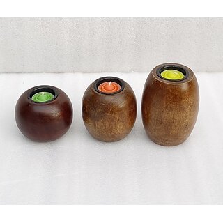                       Onlinecraft Wooden Tealight Holder Set (Brown, Pack Of 3)                                              