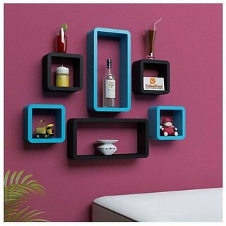                       Wooden Wall Shelf Wooden Wall Shelf (Number Of Shelves - 6, Blue, Black)                                              