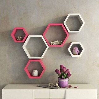                       Wooden Wall Shelf (Number Of Shelves - 6, White, Pink)                                              