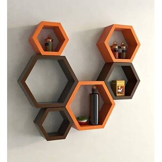 Wooden Wall Shelf (Number Of Shelves - 6, Brown, Orange)