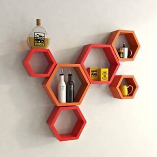 Wooden Wall Shelf (Number Of Shelves - 6, Red, Brown)