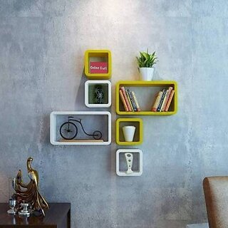Wooden Wall Shelf Wooden Wall Shelf (Number Of Shelves - 6, Yellow, White)