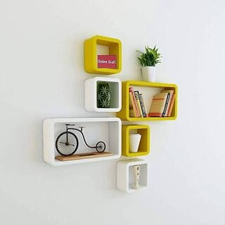                       Wooden Wall Shelf Wooden Wall Shelf (Number Of Shelves - 6, Yellow, White)                                              