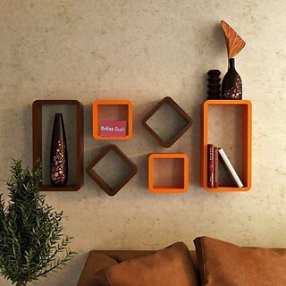                       Wooden Wall Shelf Wooden Wall Shelf (Number Of Shelves - 6, Brown, Orange)                                              