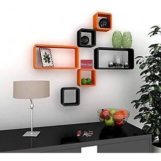                       Wooden Wall Shelf Wooden Wall Shelf (Number Of Shelves - 6, Orange, Black)                                              