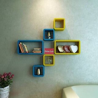                       Wooden Wall Shelf Wooden Wall Shelf (Number Of Shelves - 6, Blue, Yellow)                                              