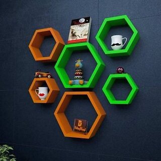                       Wooden Wall Shelf (Number Of Shelves - 6, Green, Orange)                                              