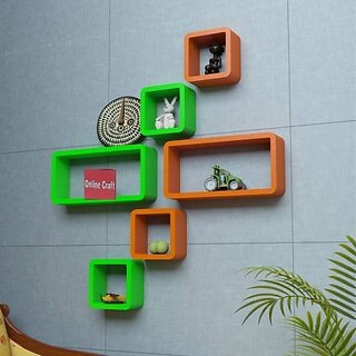                       Wooden Wall Shelf Wooden Wall Shelf (Number Of Shelves - 6, Green, Orange)                                              