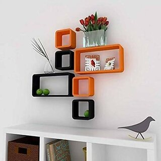                       Wooden Wall Shelf Wooden Wall Shelf (Number Of Shelves - 6, Orange, Black)                                              