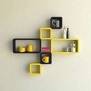                       Wooden Wall Shelf Wooden Wall Shelf (Number Of Shelves - 6, Yellow, Black)                                              