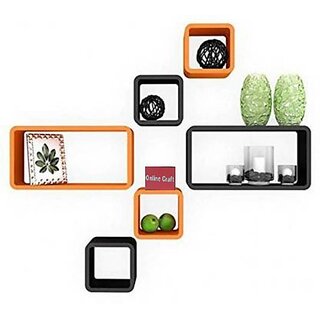                      Wooden Wall Shelf Wooden Wall Shelf (Number Of Shelves - 6, Orange, Black)                                              
