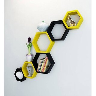                       Wooden Wall Shelf (Number Of Shelves - 6, Black, Yellow)                                              