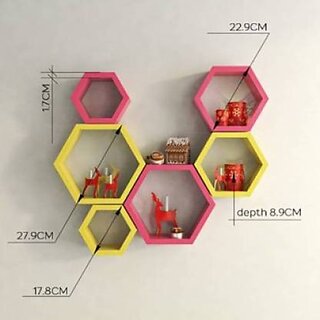                       Wooden Wall Shelf (Number Of Shelves - 6, Pink, Yellow)                                              