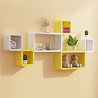                       Wooden Wall Shelf Wooden Wall Shelf (Number Of Shelves - 6, White, Yellow)                                              